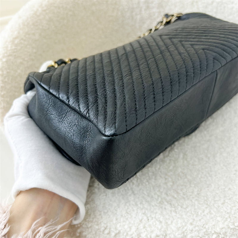 Chanel Seasonal Herringbone Medium Flap in Black Distressed Calfskin AGHW