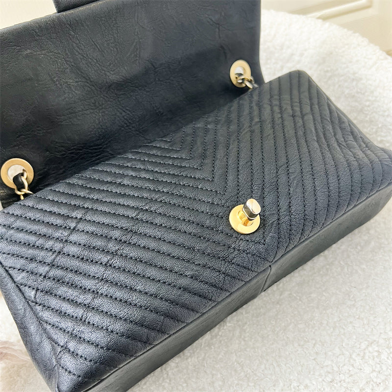 Chanel Seasonal Herringbone Medium Flap in Black Distressed Calfskin AGHW