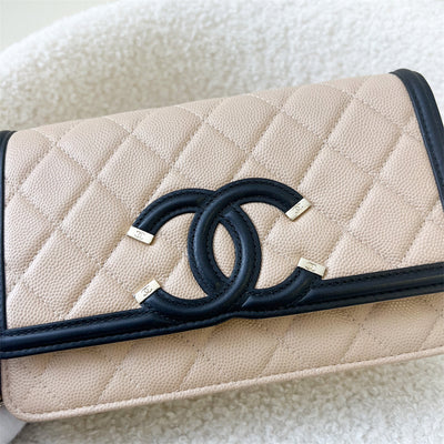 Chanel Filigree Wallet on Chain WOC in Beige Caviar Black Trim AGHW