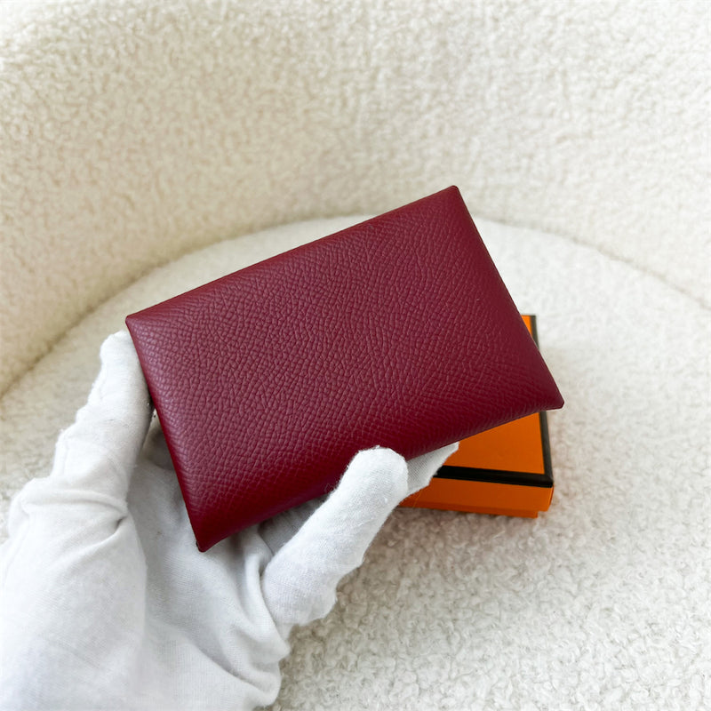 Hermes Calvi Card Holder in Bi Color (Rouge Grenat + Mauve Sylvestre) Epsom Leather