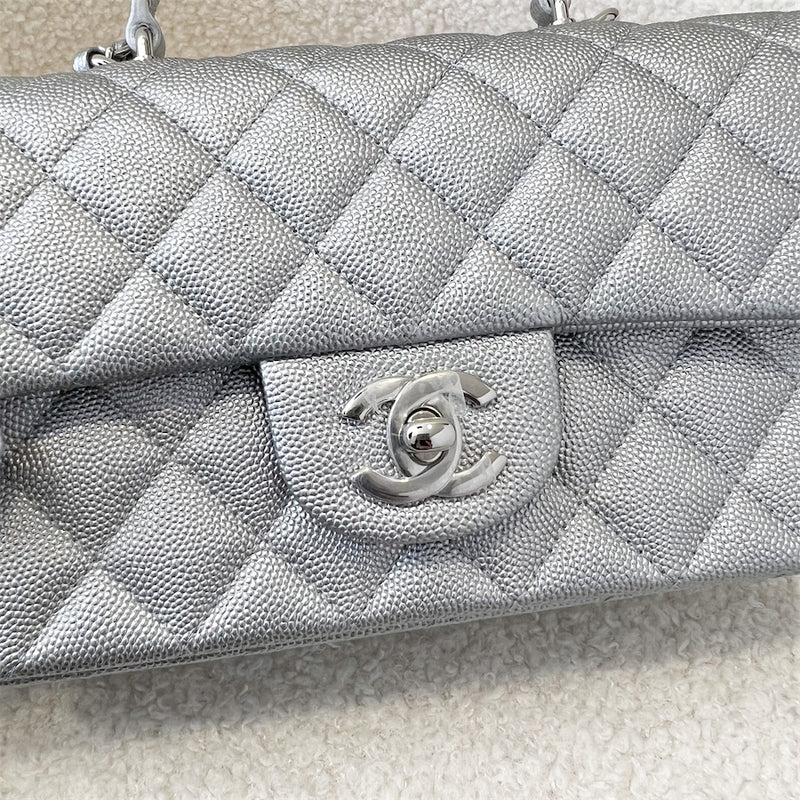 Chanel 21S Mini Rectangle Flap with Top Handle in Silver Caviar SHW
