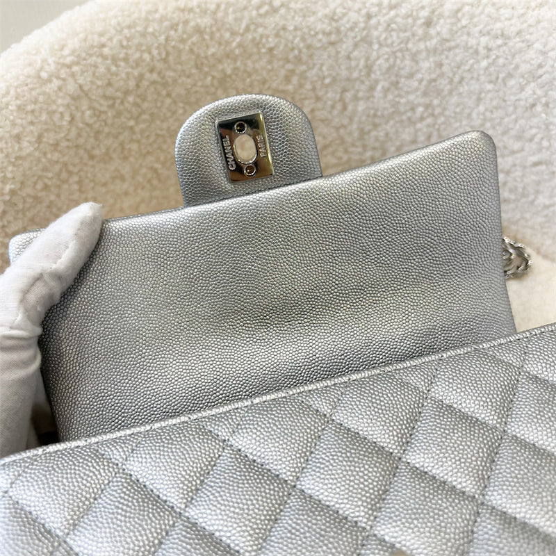 Chanel 21S Mini Rectangle Flap with Top Handle in Silver Caviar SHW