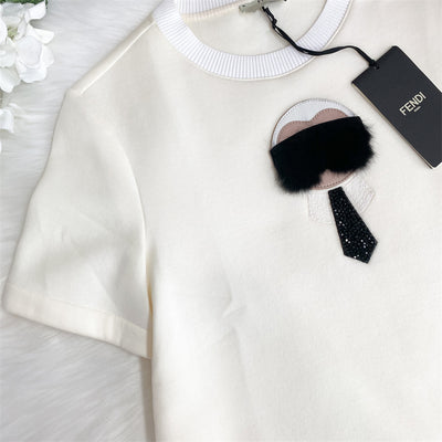 Fendi Karl Lagerfeld Embroidery with Mink Fur Ladies Cotton Nylon Top in White Size 38