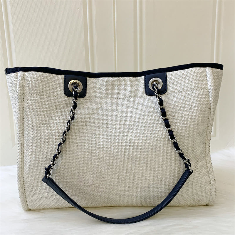 Chanel Small / Medium Deauville Tote In Ivory Canvas, Navy Leather Trim and SHW