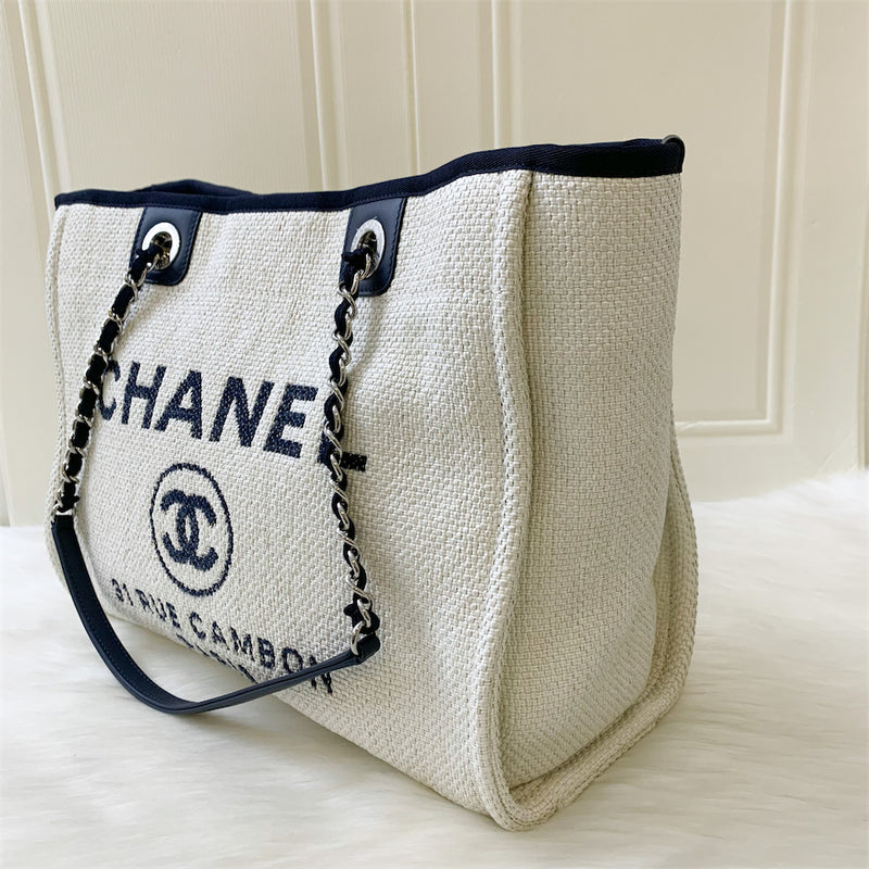 Chanel Small / Medium Deauville Tote In Ivory Canvas, Navy Leather Trim and SHW