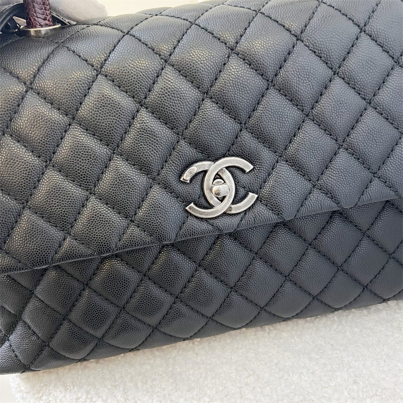 Chanel Large 32cm Coco handle in Black Caviar, Burgundy Lizard Embossed Calfskin Handle and RHW