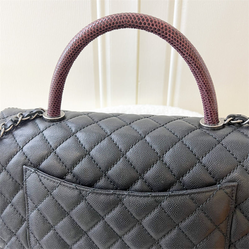 Chanel Large 32cm Coco handle in Black Caviar, Burgundy Lizard Embossed Calfskin Handle and RHW