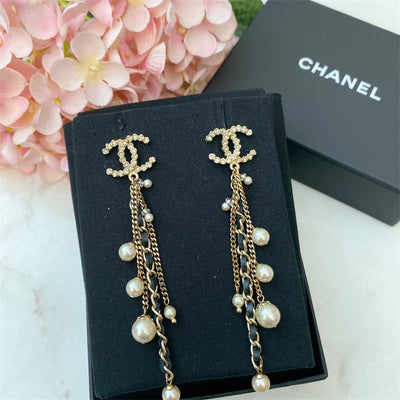 Chanel Dangling Pearl and Chain Earrings studded with Crystals in GHW