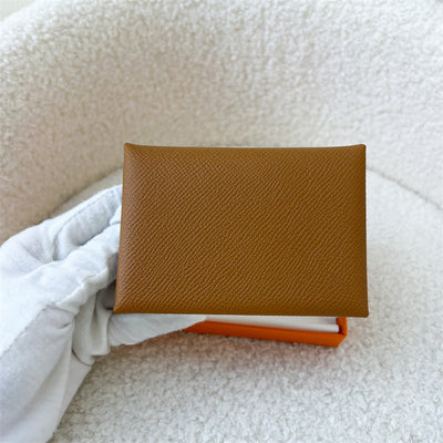 Hermes Calvi Duo Card Holder in Gold / Vert Fizz Epsom Leather