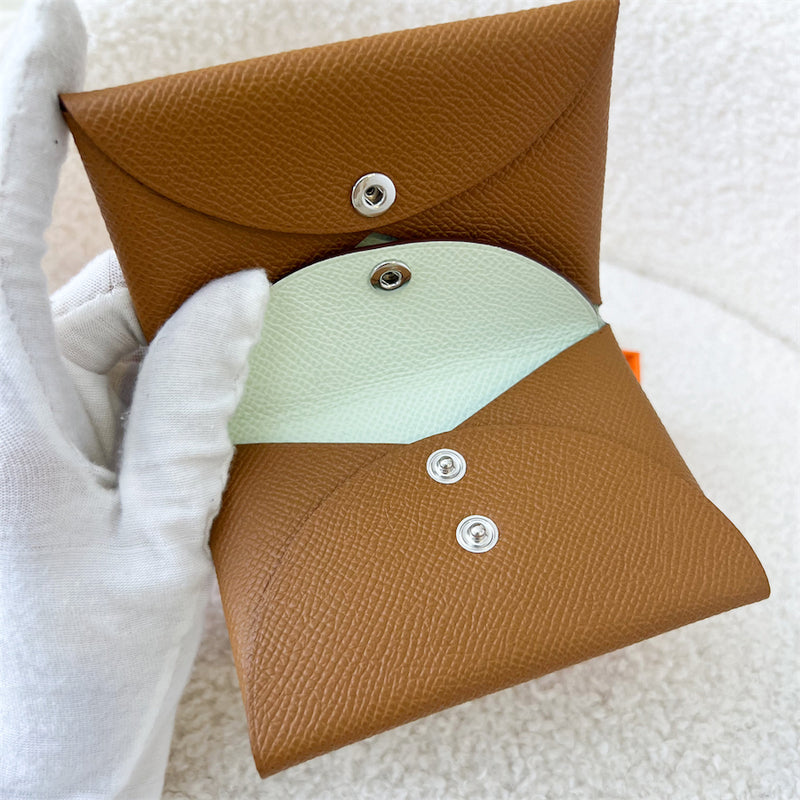 Hermes Calvi Duo Card Holder in Gold / Vert Fizz Epsom Leather