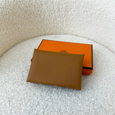 Hermes Calvi Card Holder in Gold / Vert Fizz Epsom Leather