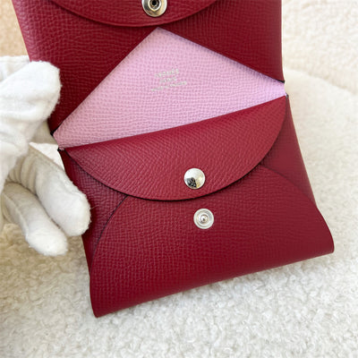 Hermes Calvi Duo Card Holder in Bi Color (Rouge Grenat + Mauve Sylvestre) Epsom Leather