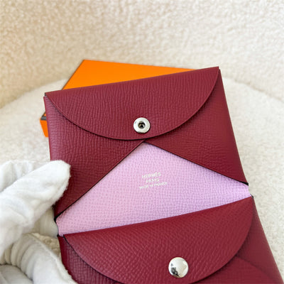 Hermes Calvi Duo Card Holder in Bi Color (Rouge Grenat + Mauve Sylvestre) Epsom Leather