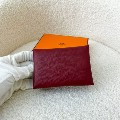 Hermes Calvi Duo Card Holder in Bi Color (Rouge Grenat + Mauve Sylvestre) Epsom Leather