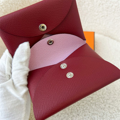 Hermes Calvi Duo Card Holder in Bi Color (Rouge Grenat + Mauve Sylvestre) Epsom Leather