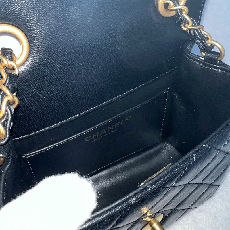 Chanel 22K Mini Square Flap in Black Goatskin GHW