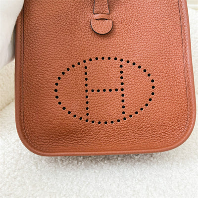 Hermes Mini Evelyne 16 in Cuivre Clemence Leather and Tricolor (Capucine + Parme + Rouge Duchess) Strap and GHW