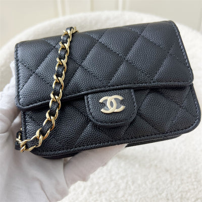 Chanel Classic Micro Clutch / Card Holder on Chain in Black Caviar LGHW