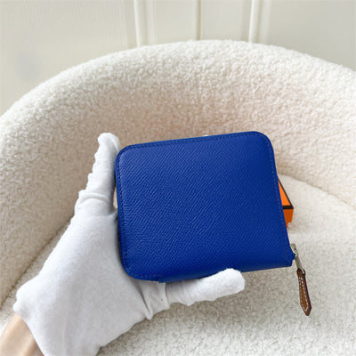 Hermes Silk in Compact Wallet in Blue Epsom Leather PHW