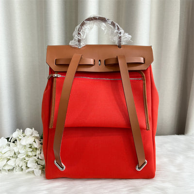 Hermes Herbag A Dos Zip Retourne Backpack in Red Military Canvas and Hunter Cowhide PHW