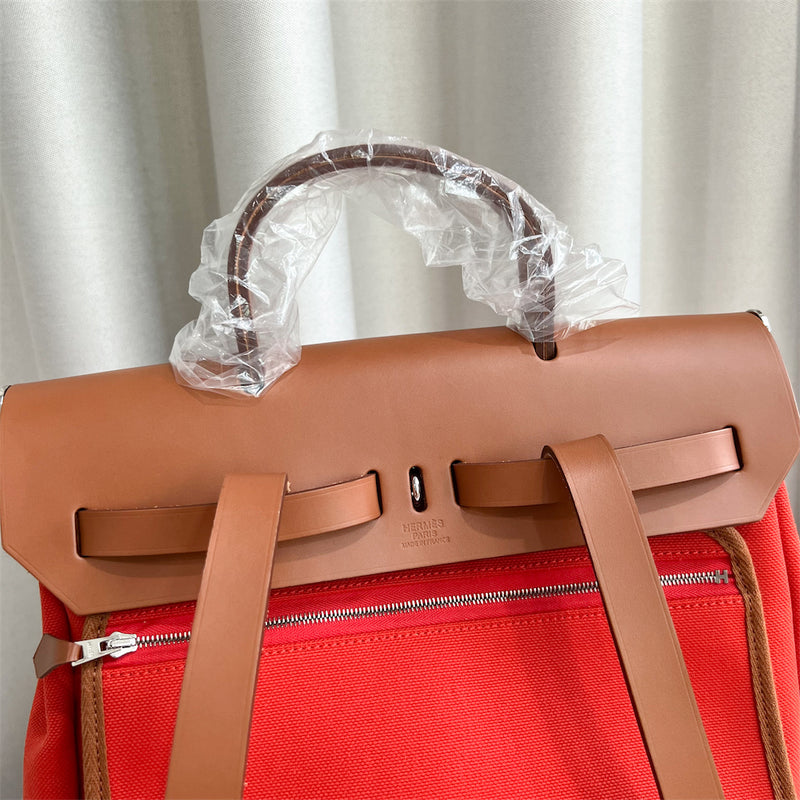 Hermes Herbag A Dos Zip Retourne Backpack in Red Military Canvas and Hunter Cowhide PHW