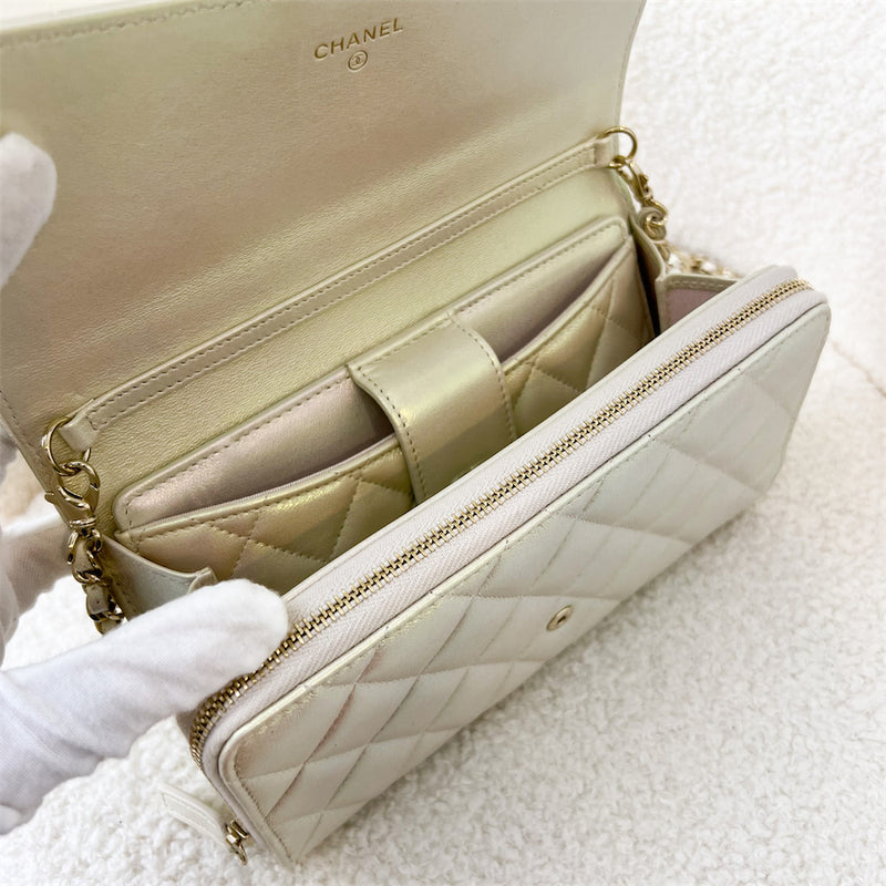 Chanel (New 2-in-1) Wallet On Chain in 20B Iridescent Ivory Leather and LGHW (With separate insert for phone)