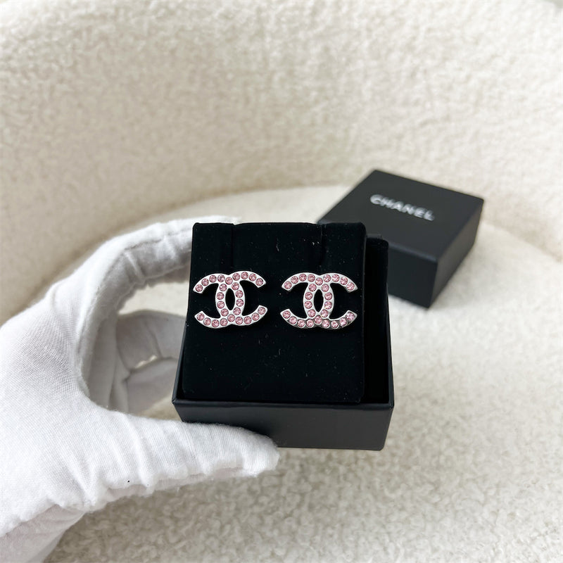 Chanel 17K CC Logo Earrings with Pink Crystals in Silver Hardware