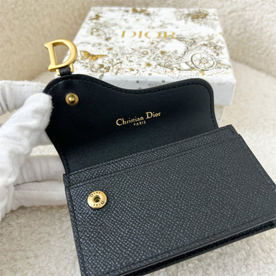 Dior Saddle Flap Card Holder in Black Grained Calfskin AGHW