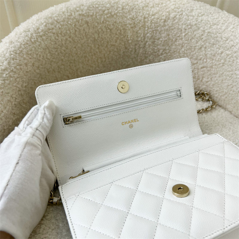 Chanel Classic Wallet on Chain WOC in 22P White Caviar LGHW