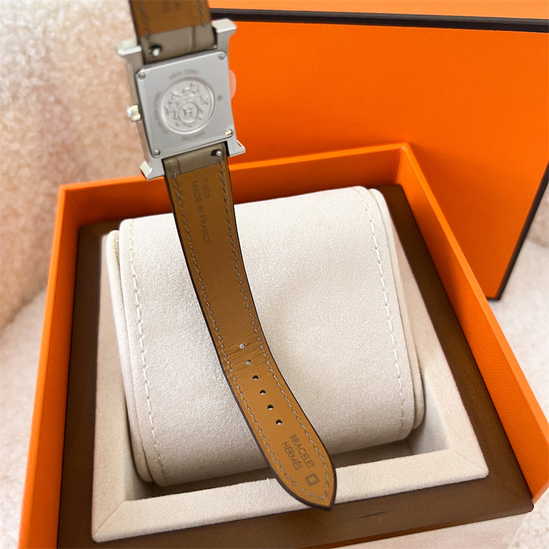 Hermes Heure H PM Watch with Full Diamond Bezel and Markers and Etoupe Alligator Strap