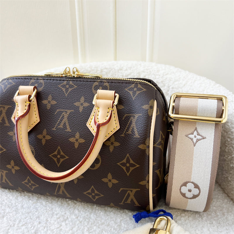 LV Speedy Bandouliere 20 in Monogram Canvas and Beige Patterned Strap