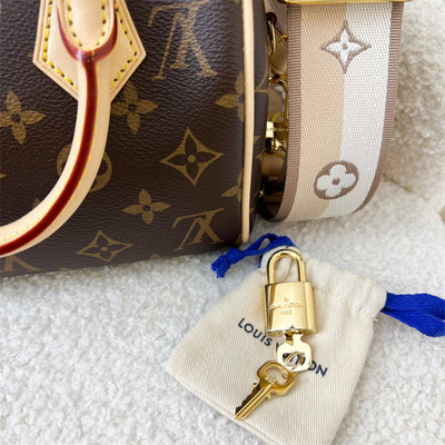 LV Speedy Bandouliere 20 in Monogram Canvas and Beige Patterned Strap