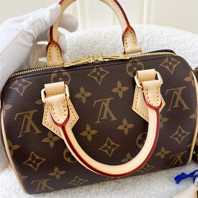 LV Speedy Bandouliere 20 in Monogram Canvas and Beige Patterned Strap