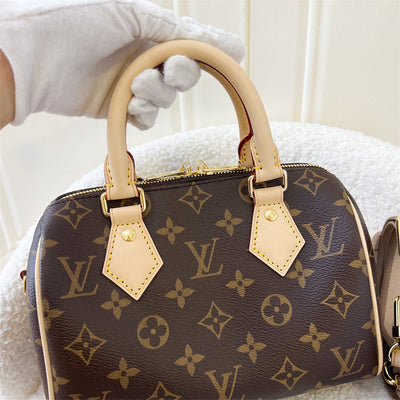 LV Speedy Bandouliere 20 in Monogram Canvas and Beige Patterned Strap