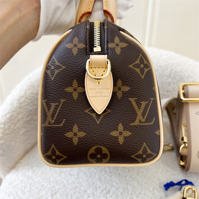 LV Speedy Bandouliere 20 in Monogram Canvas and Beige Patterned Strap