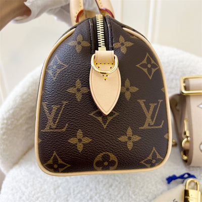 LV Speedy Bandouliere 20 in Monogram Canvas and Beige Patterned Strap