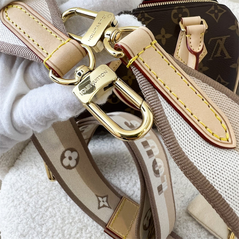 LV Speedy Bandouliere 20 in Monogram Canvas and Beige Patterned Strap