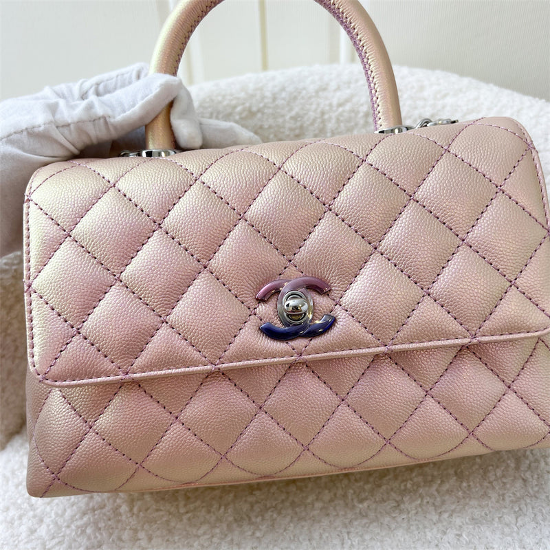 Chanel Small 24cm Coco Handle in 21K Iridescent Pink Caviar and Rainbow HW