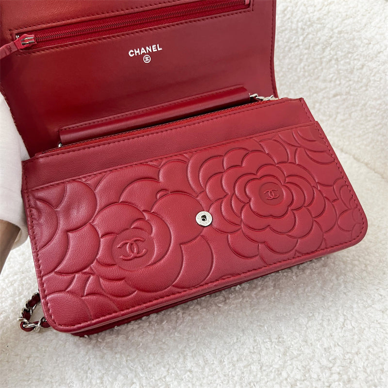 Chanel Classic Wallet on Chain WOC in Camellia Embossed Red Lambskin SHW
