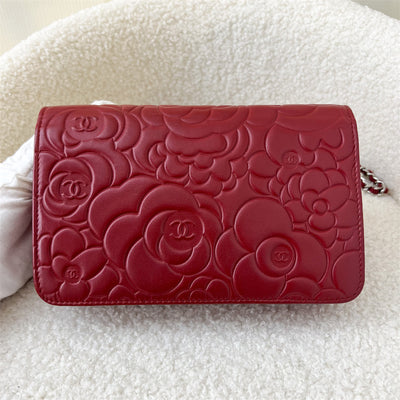 Chanel Classic Wallet on Chain WOC in Camellia Embossed Red Lambskin SHW