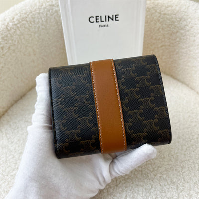 Celine Small Trifold Wallet in Triomphe Canvas & Lambskin Tan