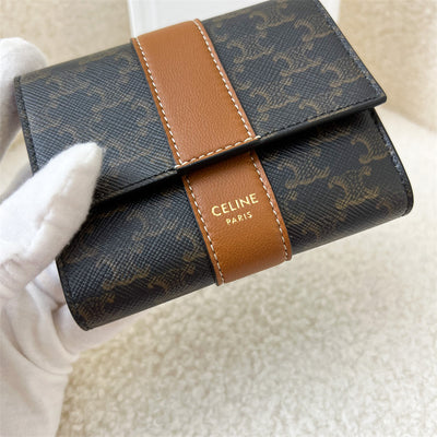 Celine Small Trifold Wallet in Triomphe Canvas & Lambskin Tan