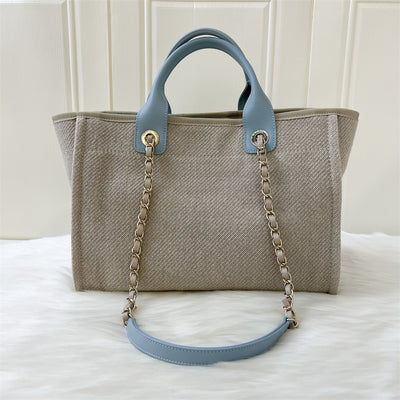 Chanel 22S Small Deauville Shopping Tote in Natural Fabric, Light Blue Trim and LGHW
