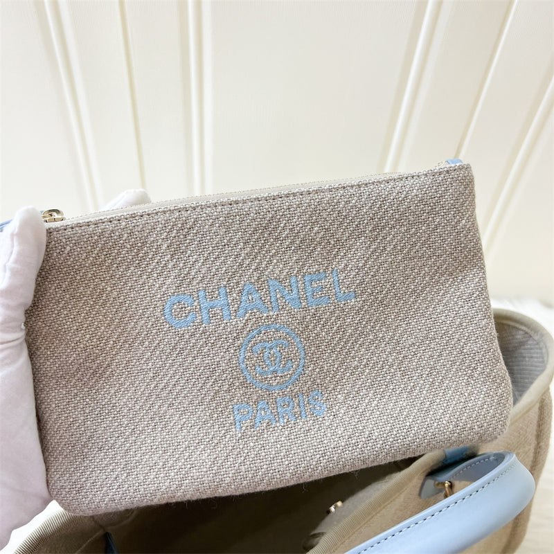 Chanel 22S Small Deauville Shopping Tote in Natural Fabric, Light Blue Trim and LGHW