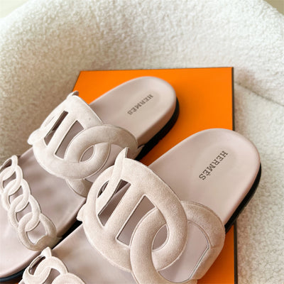Hermes Extra Techno-Sandal in Light Pink Suede Leather Sz 38.5