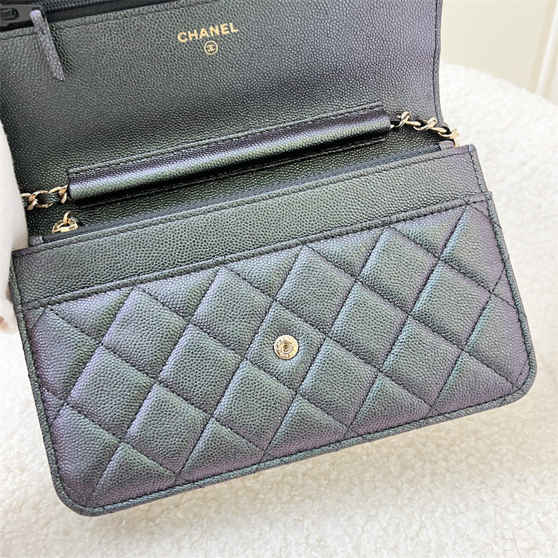Chanel 19S Wallet on Chain WOC in Iridescent Black / Grey Caviar with MOP Logo