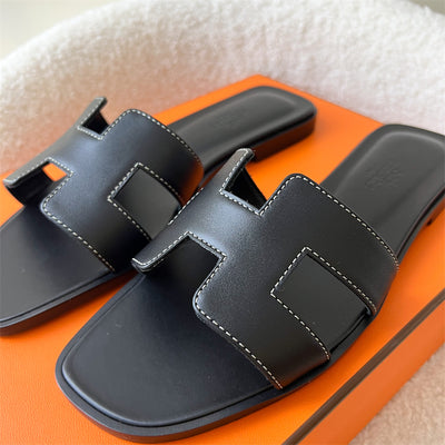 Hermes Oran Sandals in Noir (Black) Leather Sz 36.5