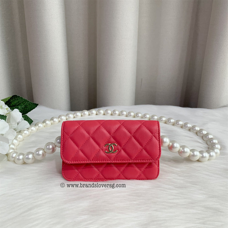 Chanel Micro Clutch on Pearl Chain in Pink Lambskin LGHW
