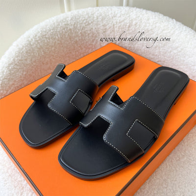 Hermes Oran Sandals in Noir (Black) Leather Sz 36.5