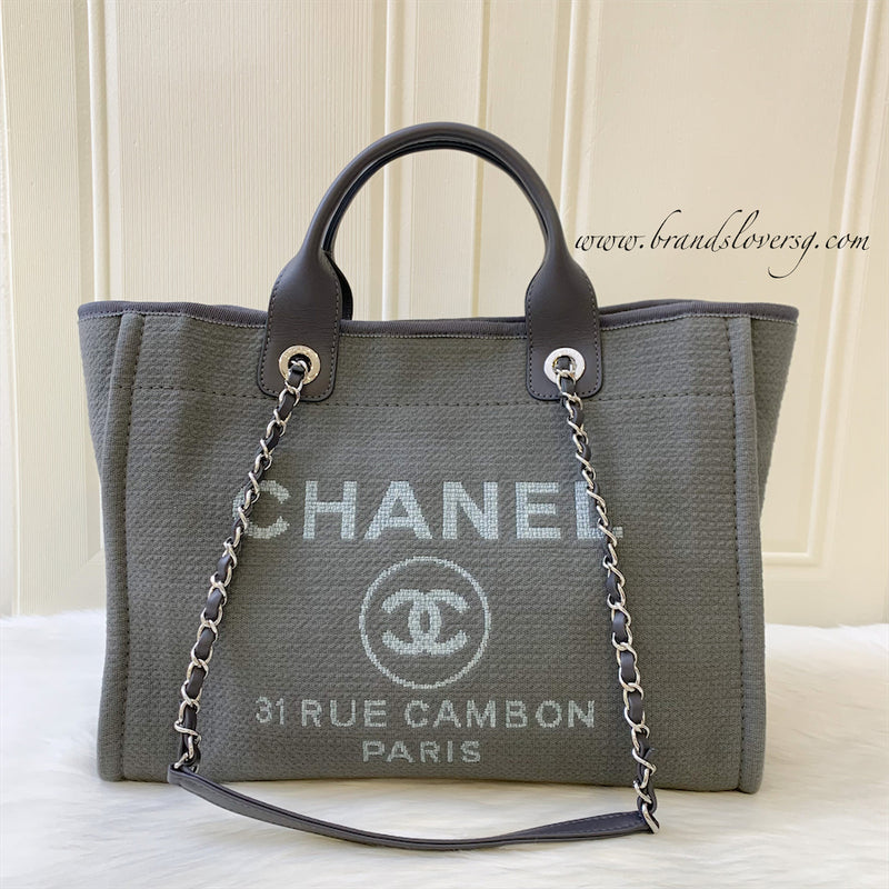 Chanel Medium Deauville Tote in Dark Grey Fabric SHW